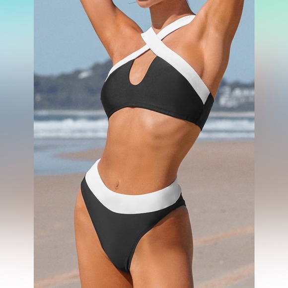 New! Black/White Colorblock Wrap Top & Extra Cheeky Bikini Swimsuit Size Large‎ - Picture 9 of 12